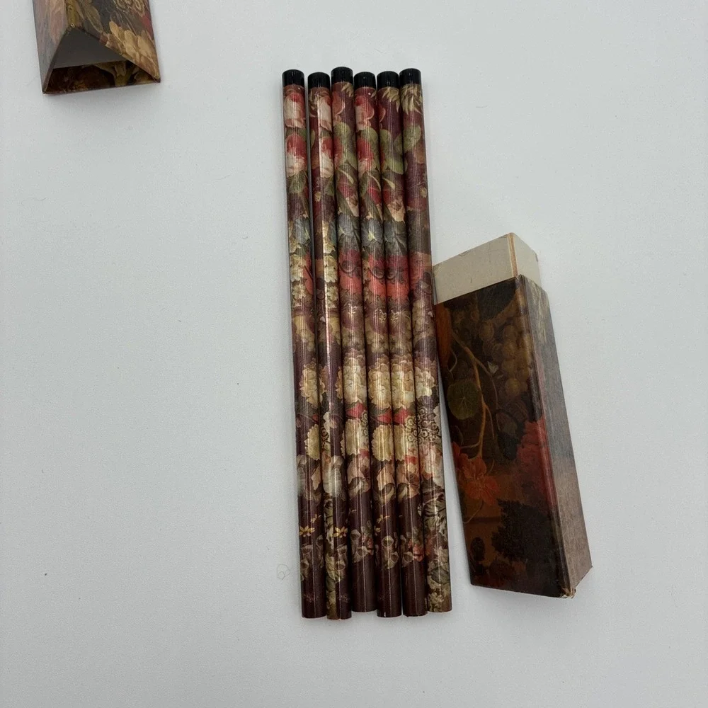 Vintage Floral Pencil Set with Triangular Case Made in UK 6 Piece Unsharpened